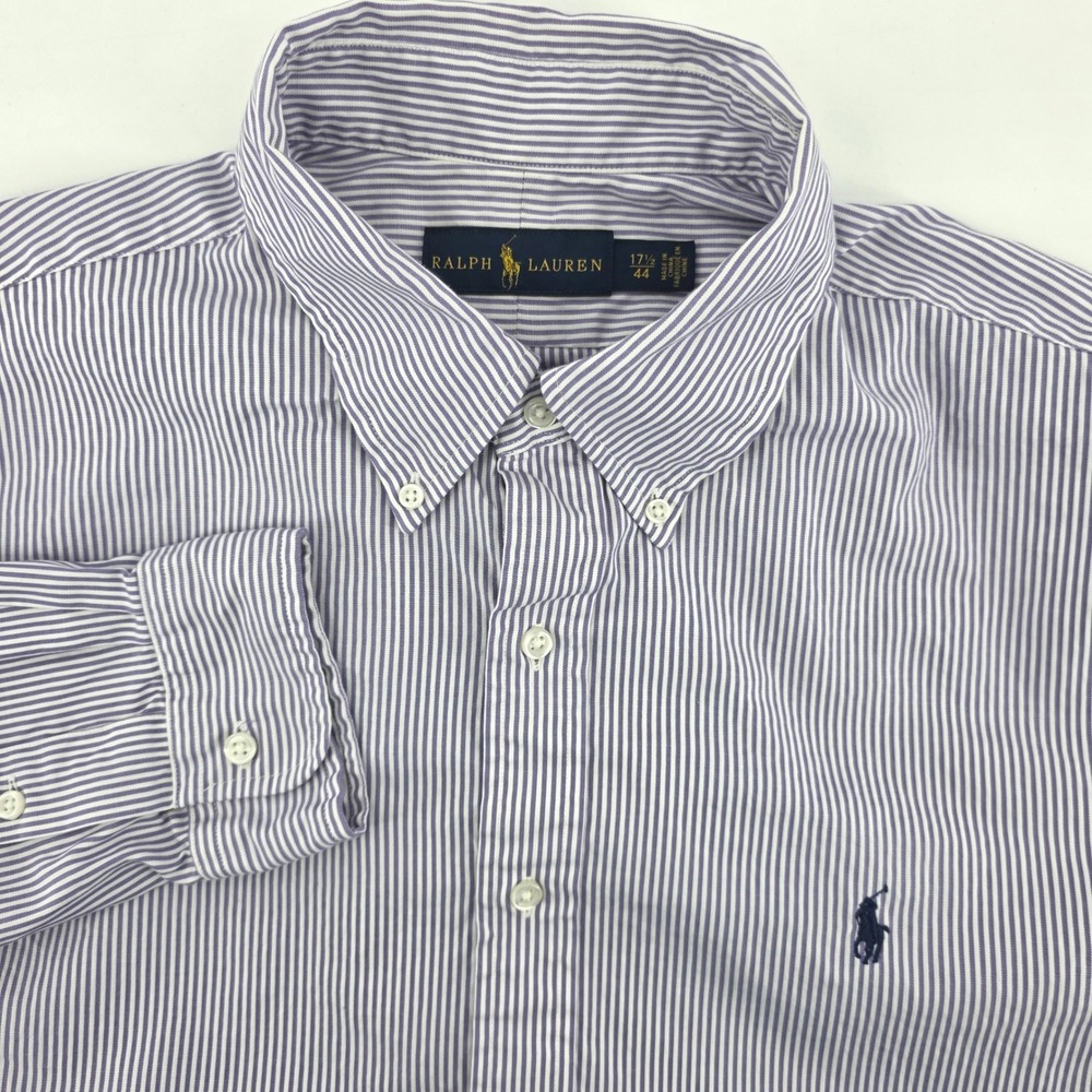 Ralph Lauren Mens Purple White Striped Button Down Shirt 17.5 (XL) Long Sleeve